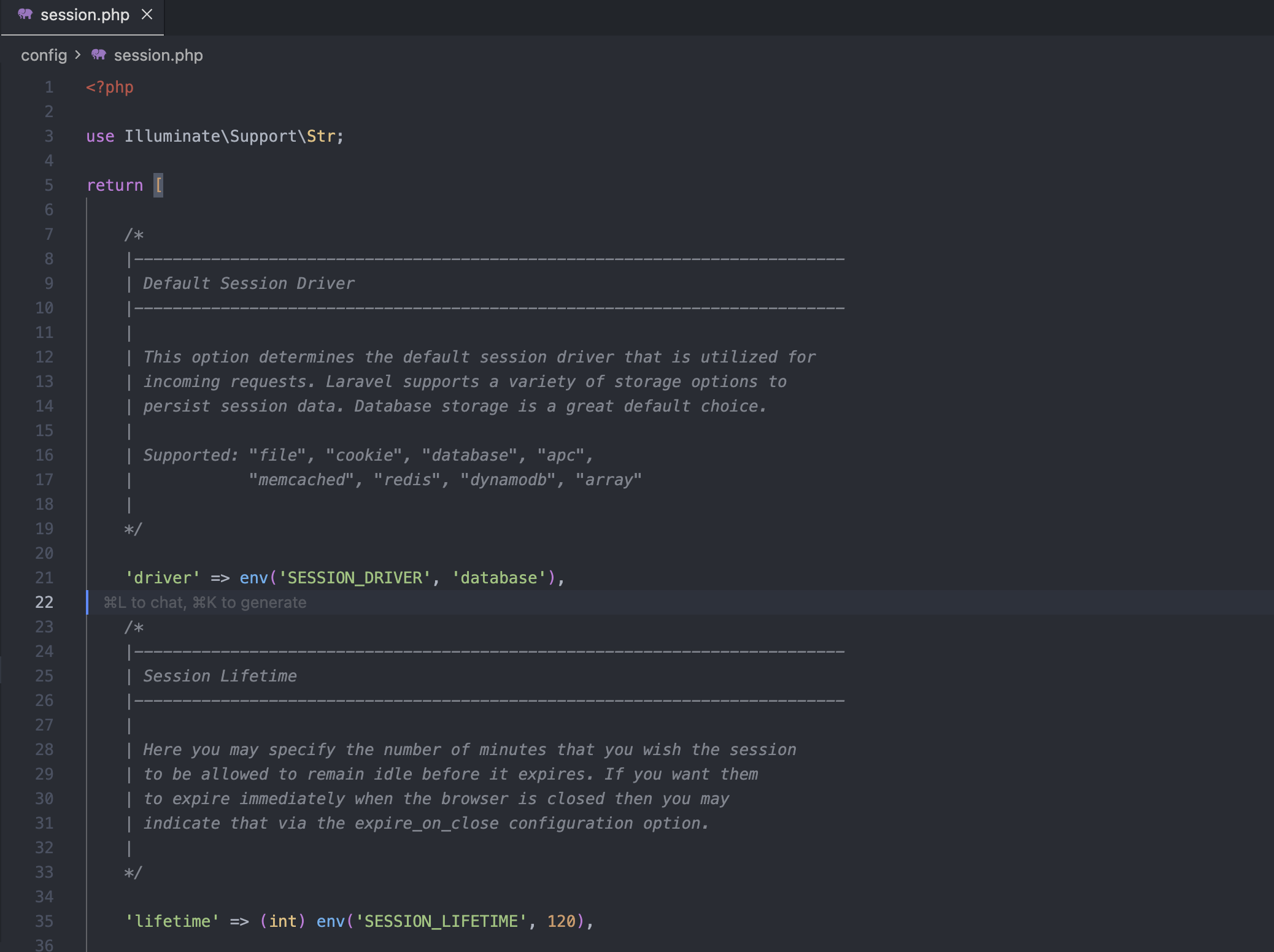 Arquivo de configuração da sessão