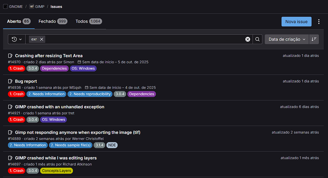 Screenshot do gitlab da GIMP, mostrando 65 Issues abertas relacionadas a problemas no EXR